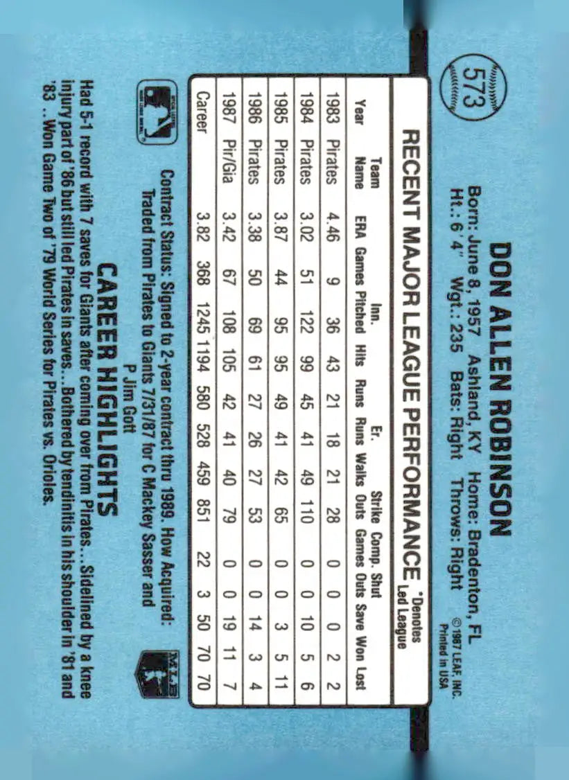 Baseball trading card of Don Robinson from 1988 Donruss 573b Don Robinson series
