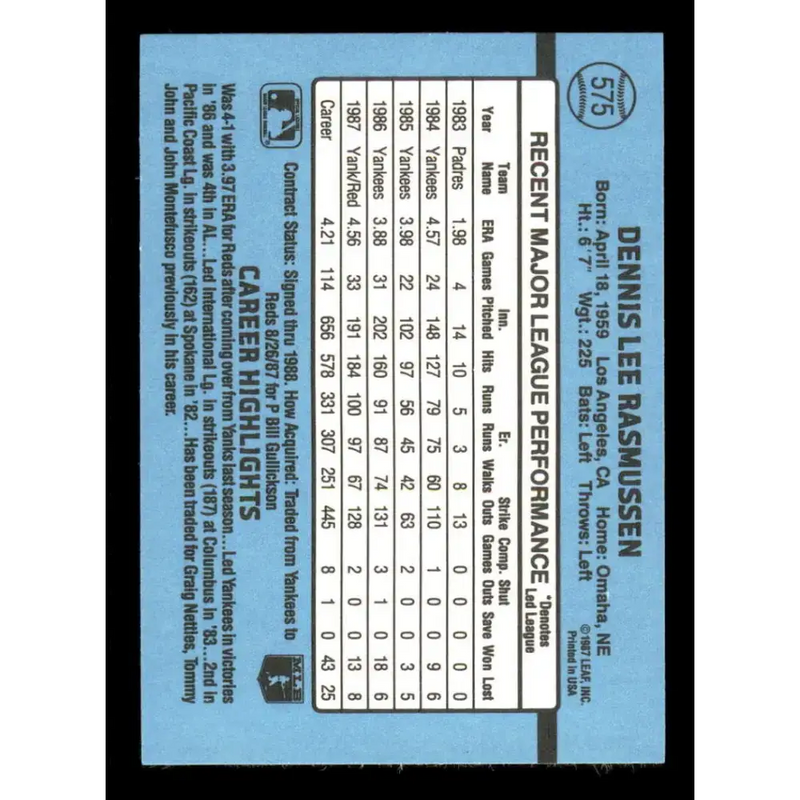 1988 Donruss #575 Dennis Rasmussen EX Cincinnati Reds Baseball Card - Baseball Card Single