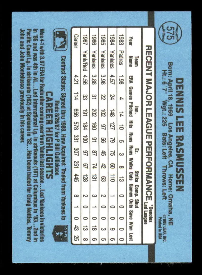 1988 Donruss #575 Dennis Rasmussen NM-MT Cincinnati Reds Baseball Card - Baseball Card Single