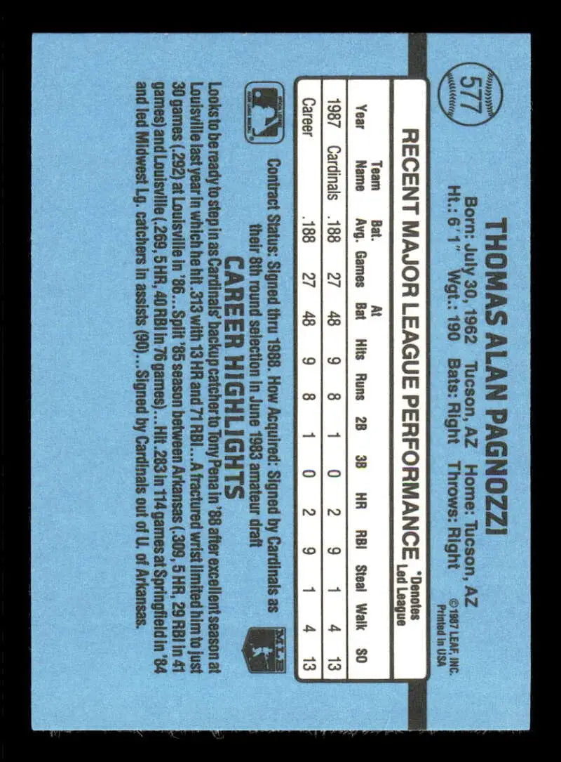 1988 Donruss #577 Tom Pagnozzi NM-MT RC Rookie St. Louis Cardinals Baseball Card - Baseball Card Single