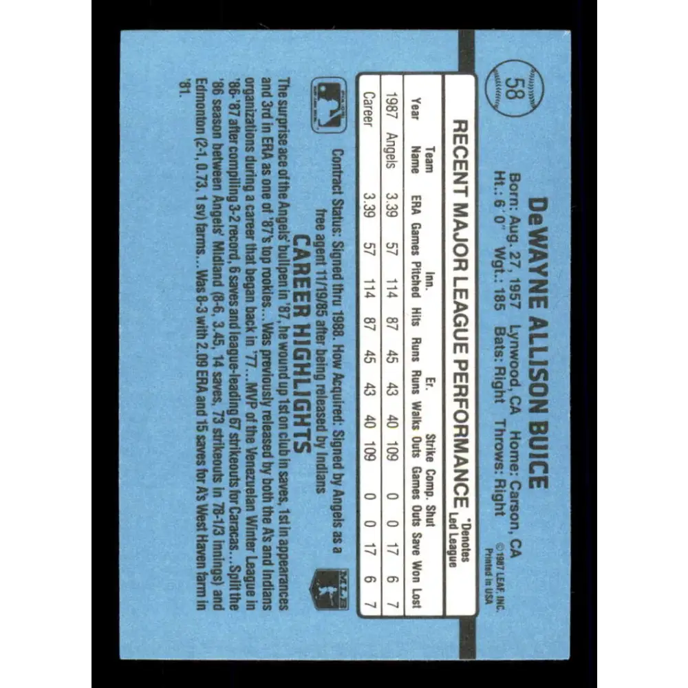 1988 Donruss #58 De Wayne Buice EX RC Rookie California Angels Baseball Card Image 2