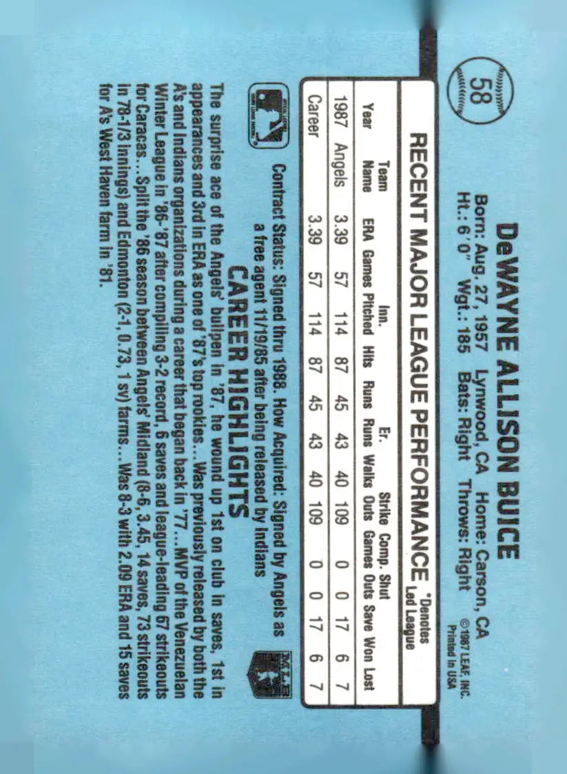 Vintage 1988 Donruss #58 DeWayne Buice California Angels baseball card with stats