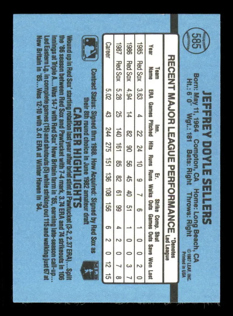 1988 Donruss #585 Jeff Sellers NM-MT Boston Red Sox Baseball Card - Baseball Card Single