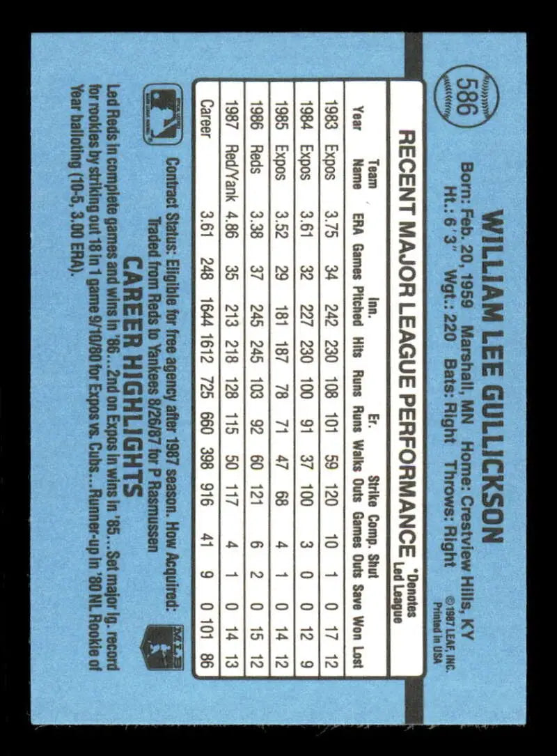 1988 Donruss #586 Bill Gullickson NM-MT New York Yankees Baseball Card - Baseball Card Single