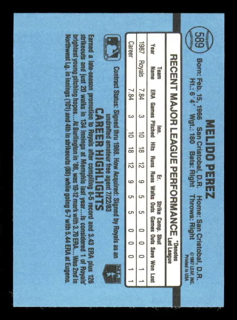 1988 Donruss #589 Melido Perez NM-MT RC Rookie Kansas City Royals Baseball Card - Baseball Card Single