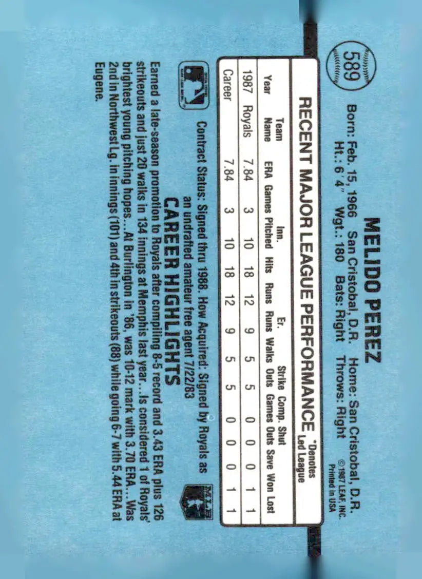 1988 Donruss 589b Melido Perez baseball card featuring Melido Perez from 1987 Fleer