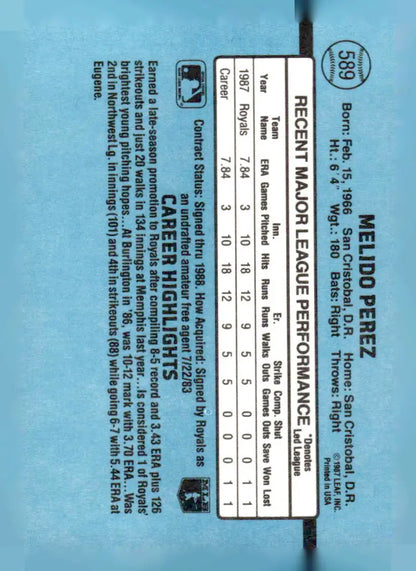 1988 Donruss 589b Melido Perez baseball card featuring Melido Perez from 1987 Fleer