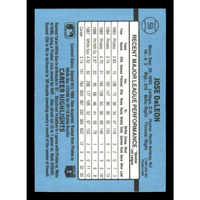 1988 Donruss #59 Jose DeLeon EX Chicago White Sox Baseball Card - Baseball Card Single