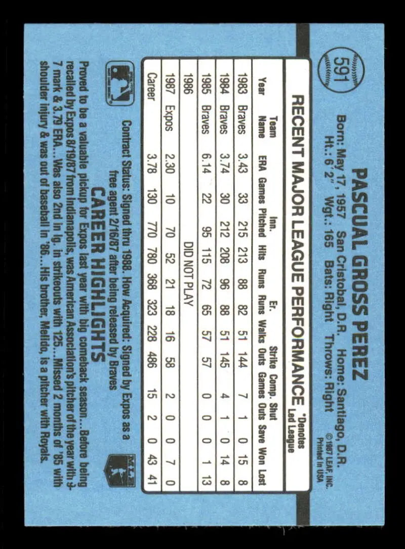 1988 Donruss #591 Pascual Perez NM-MT Montreal Expos Baseball Card - Baseball Card Single