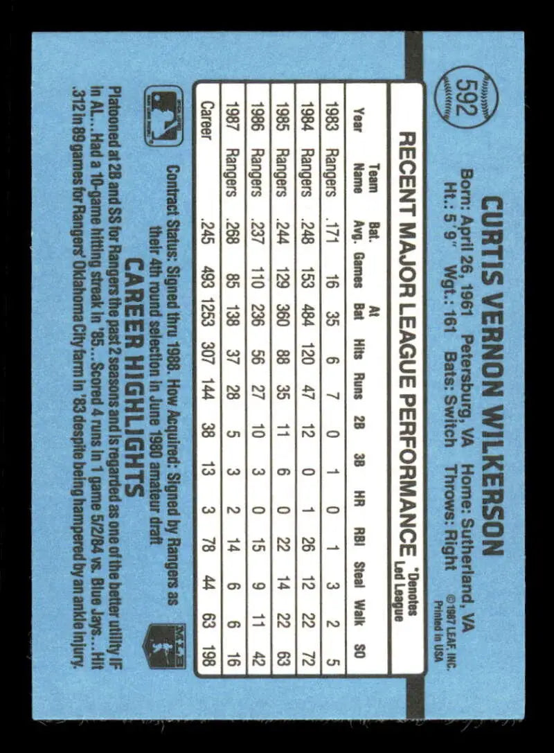 1988 Donruss #592 Curtis Wilkerson NM-MT Texas Rangers Baseball Card - Baseball Card Single