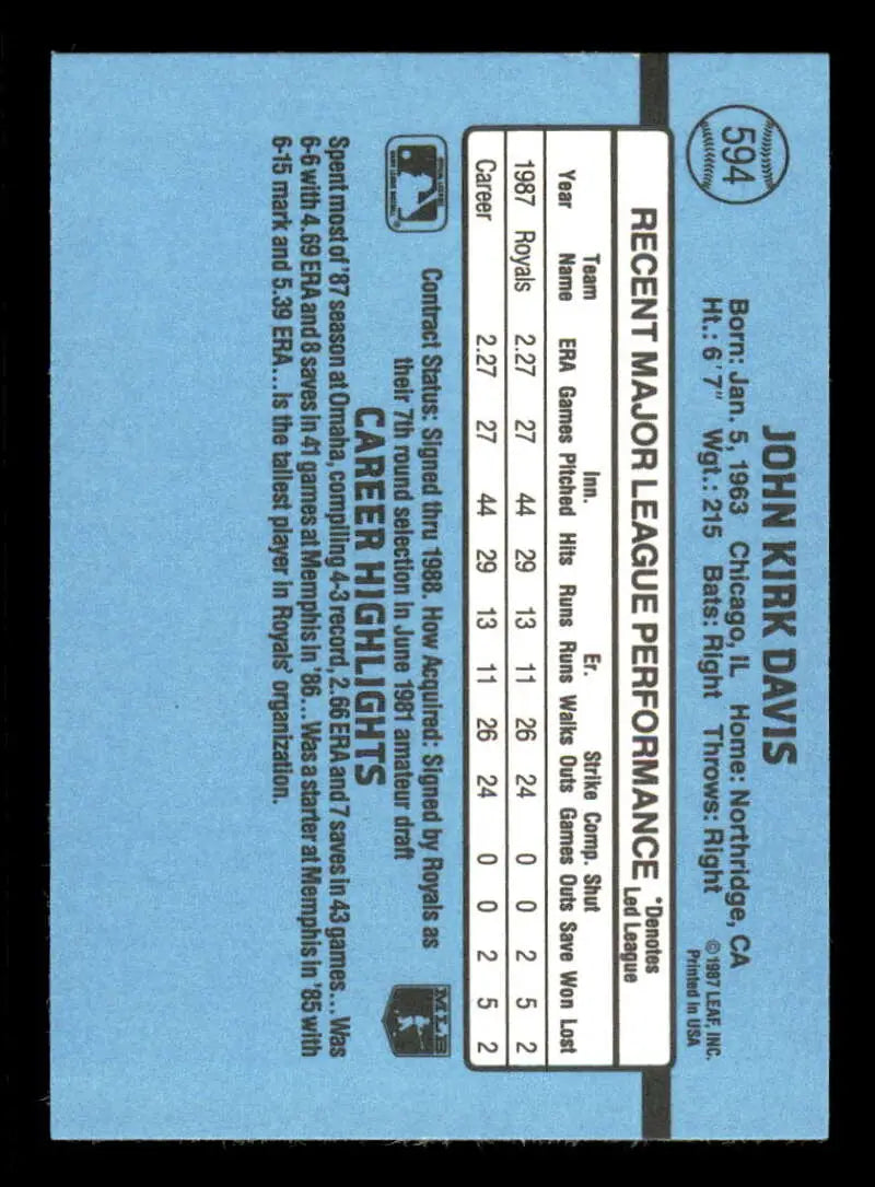 1988 Donruss #594 John Davis NM-MT Kansas City Royals Baseball Card - Baseball Card Single