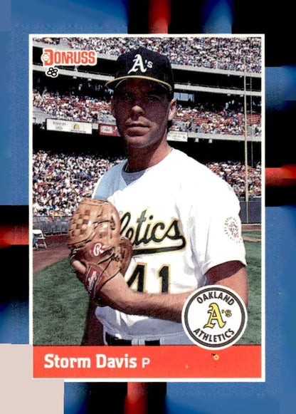 1988 Donruss #595c Storm Davis baseball card featuring Oakland Athletics pitcher