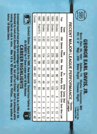 Vintage George Earl Davis Jr baseball card 1988 Donruss 595c Storm Davis collectible