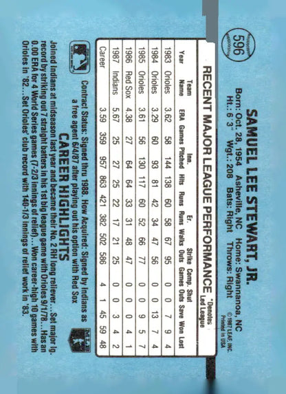 1988 Donruss Sammy Stewart baseball card featuring Stewart Baseball Card collectible