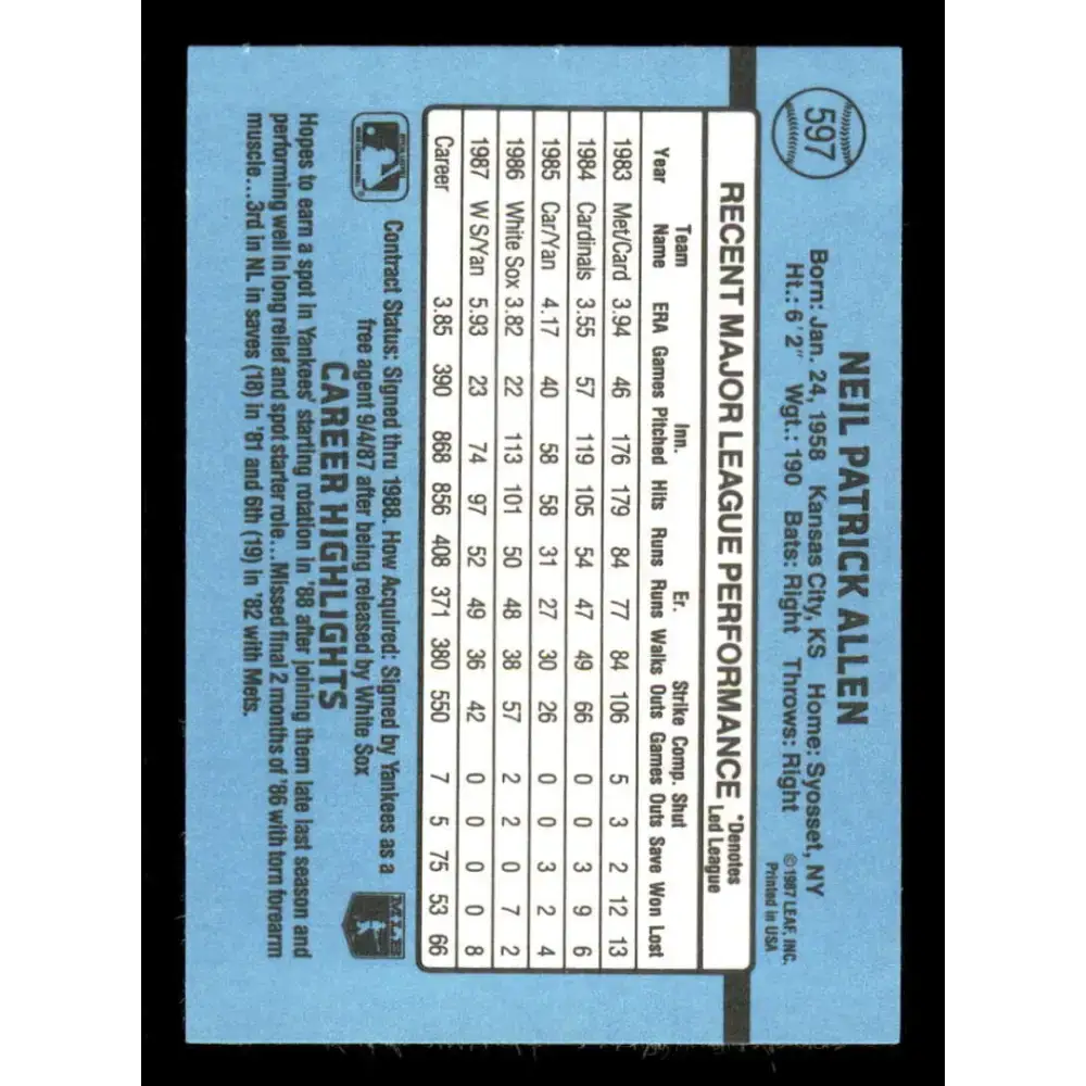 1988 Donruss #597 Neil Allen EX New York Yankees Baseball Card - Baseball Card Single