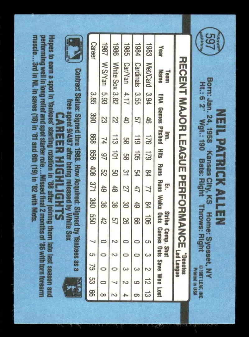 1988 Donruss #597 Neil Allen NM-MT New York Yankees Baseball Card - Baseball Card Single