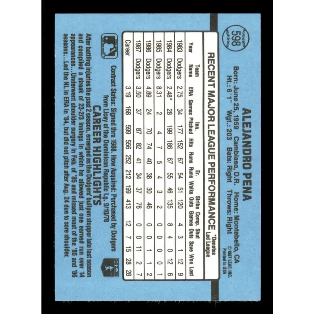 1988 Donruss #598 Alejandro Pena EX Los Angeles Dodgers Baseball Card - Baseball Card Single