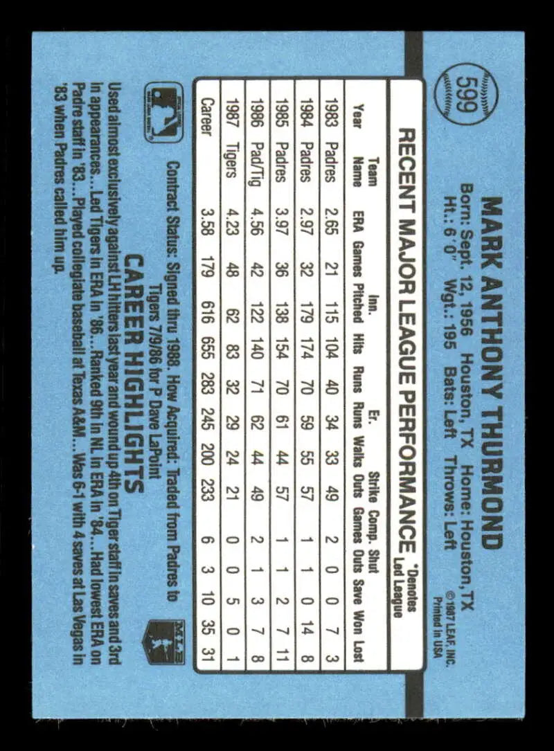 1988 Donruss #599 Mark Thurmond NM-MT Detroit Tigers Baseball Card - Baseball Card Single
