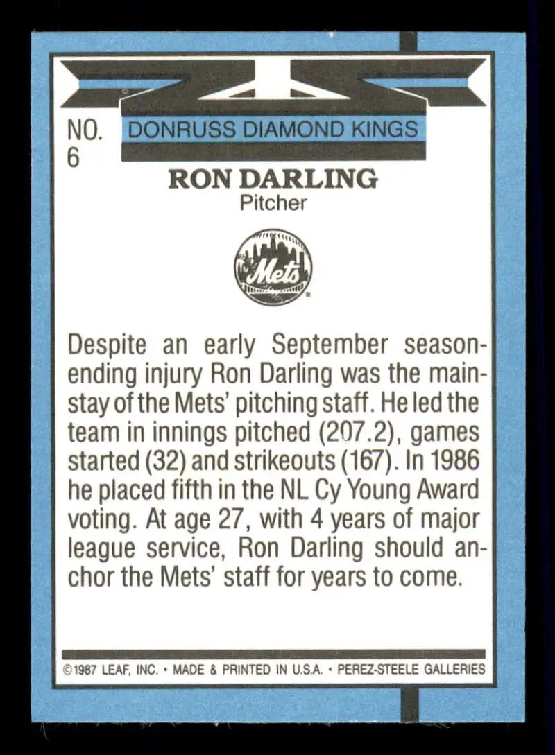 1988 Donruss #6 Ron Darling NM-MT New York Mets Baseball Card - Baseball Card Single