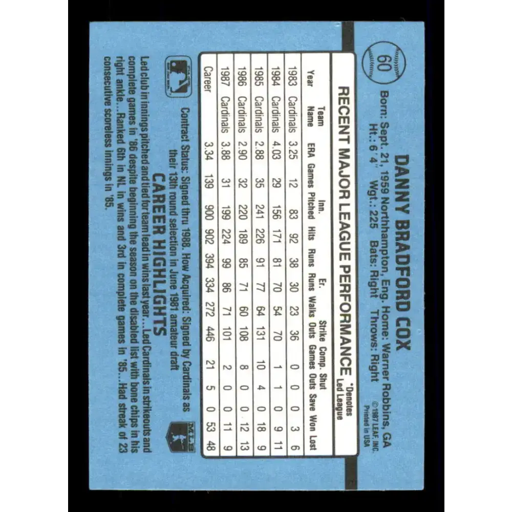 1988 Donruss #60 Danny Cox EX St. Louis Cardinals Baseball Card - Baseball Card Single