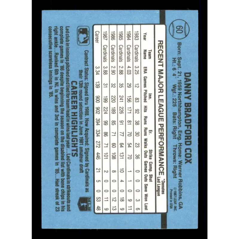 1988 Donruss #60 Danny Cox EX St. Louis Cardinals Baseball Card - Baseball Card Single
