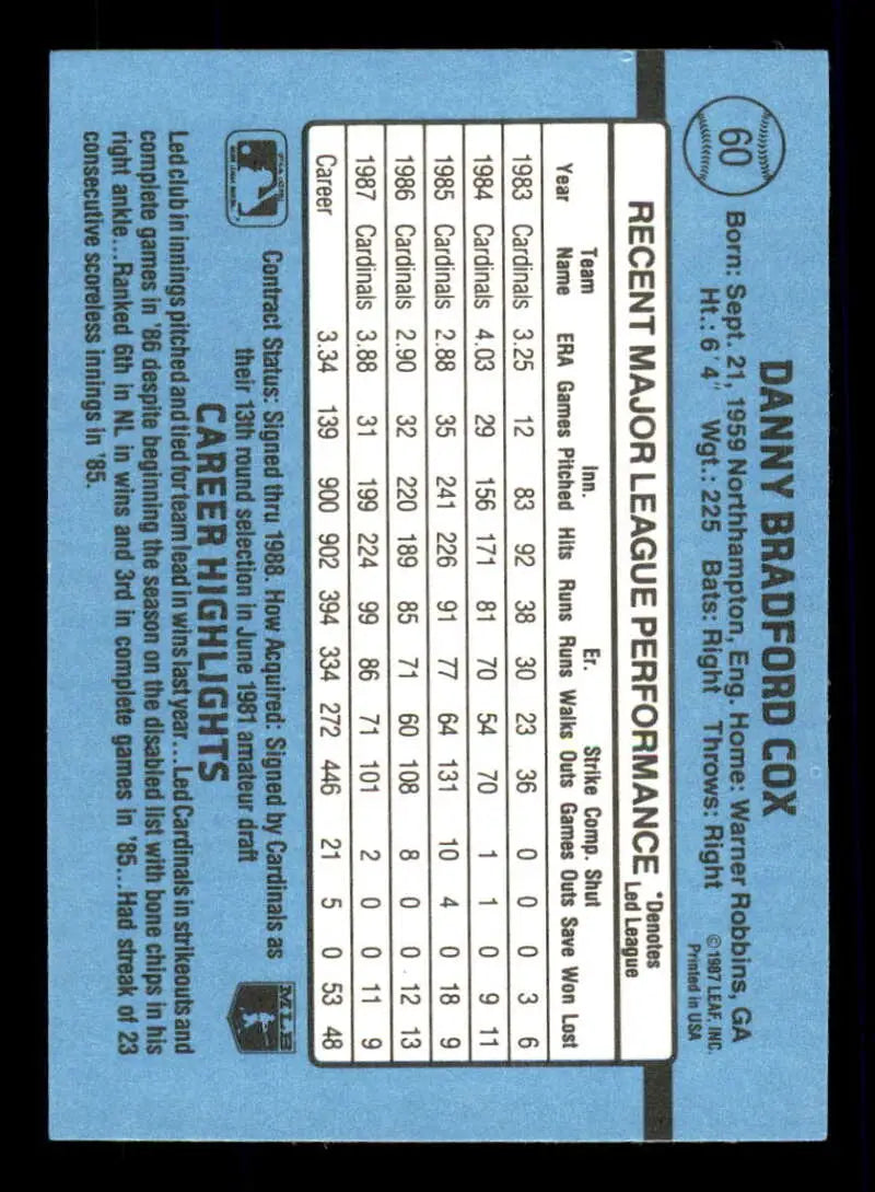 1988 Donruss #60 Danny Cox NM-MT St. Louis Cardinals Baseball Card - Baseball Card Single