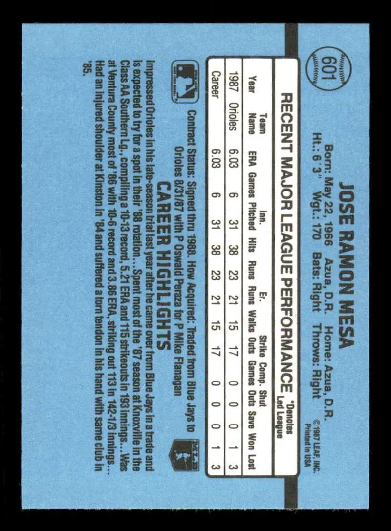 1988 Donruss #601 Jose Mesa NM-MT RC Rookie Baltimore Orioles Baseball Card - Baseball Card Single