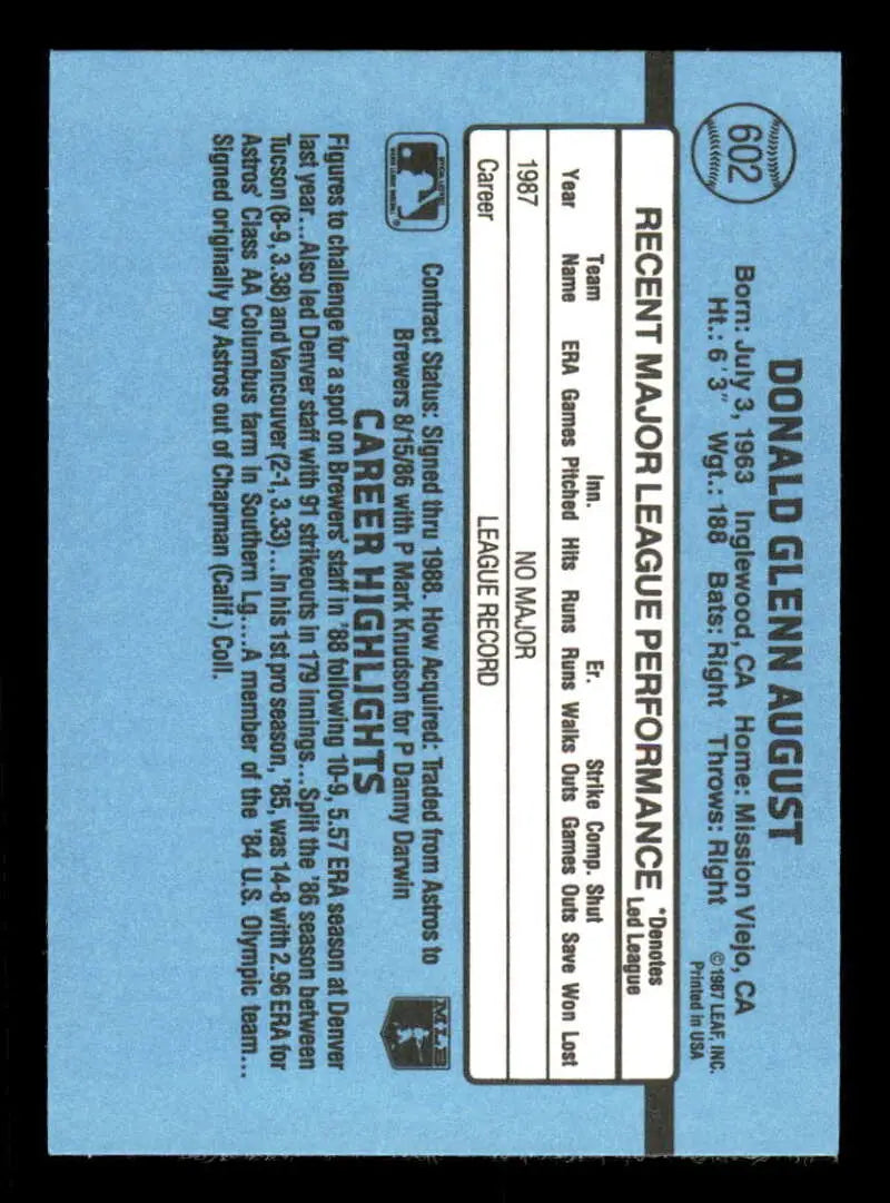 1988 Donruss #602 Don August NM-MT Milwaukee Brewers Baseball Card - Baseball Card Single