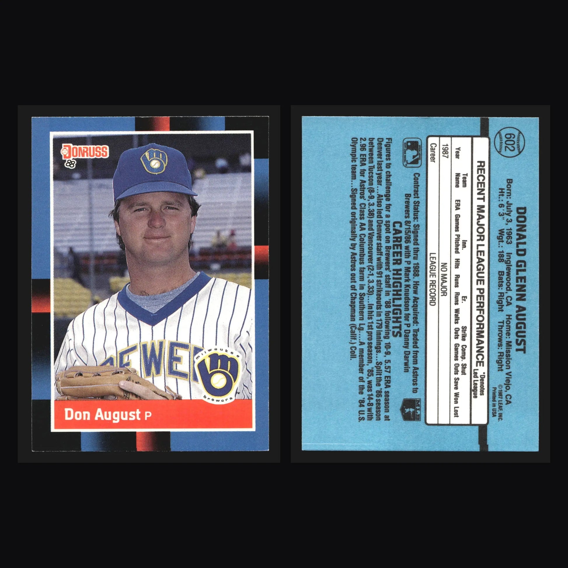 1988 Donruss #602 Don August RC Milwaukee Brewers Rookie Card - Baseball Card Single