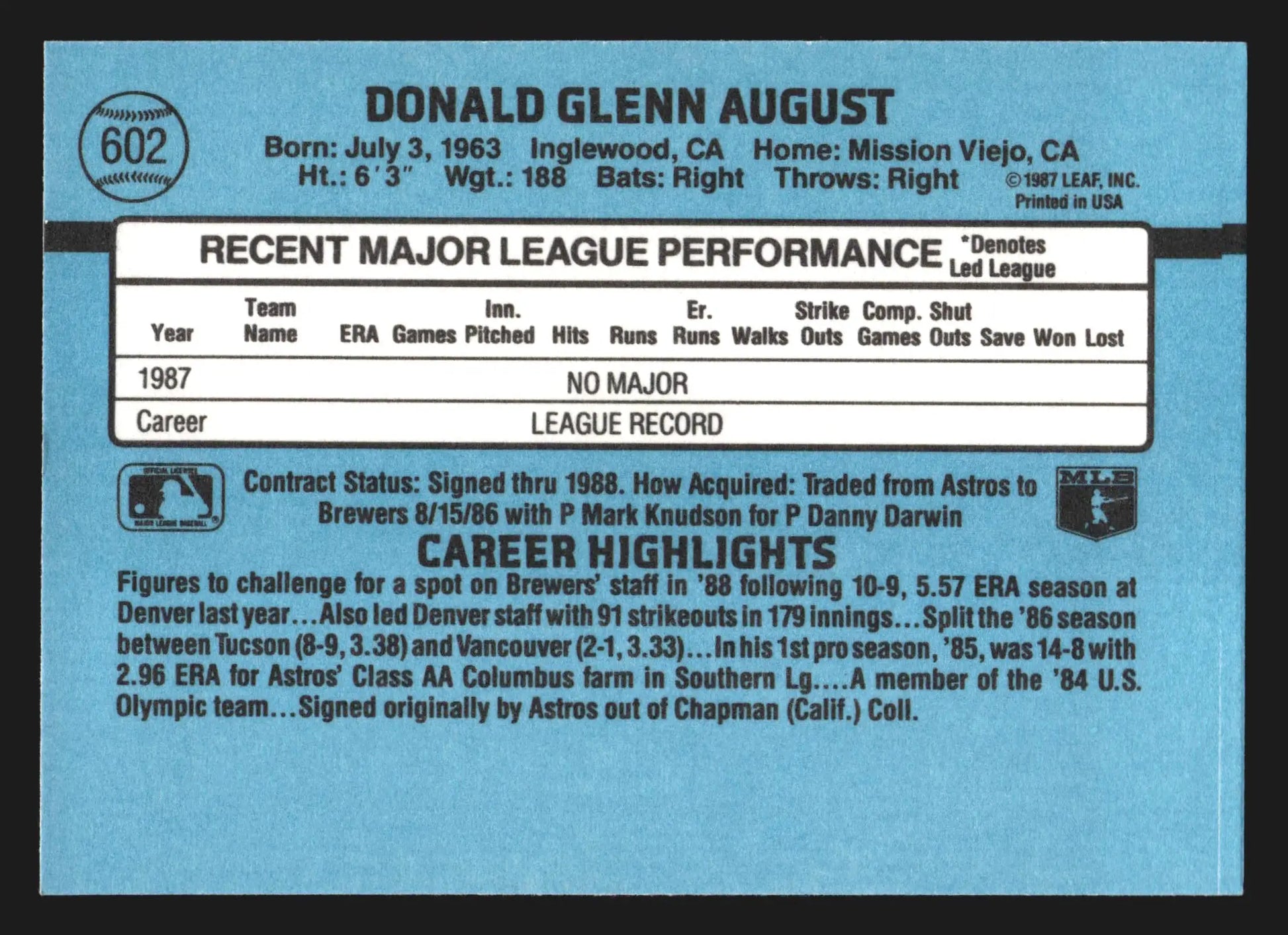 1988 Donruss #602 Don August RC Milwaukee Brewers Rookie Card - Baseball Card Single