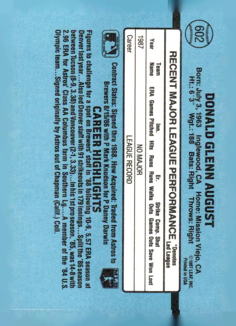Baseball card featuring Don August statistics and highlights 1988 Donruss #602c Don August