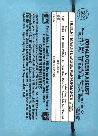 Baseball card featuring Don August statistics and highlights 1988 Donruss #602c Don August