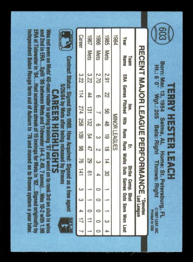 1988 Donruss #603 Terry Leach NM-MT SP New York Mets Baseball Card - Baseball Card Single