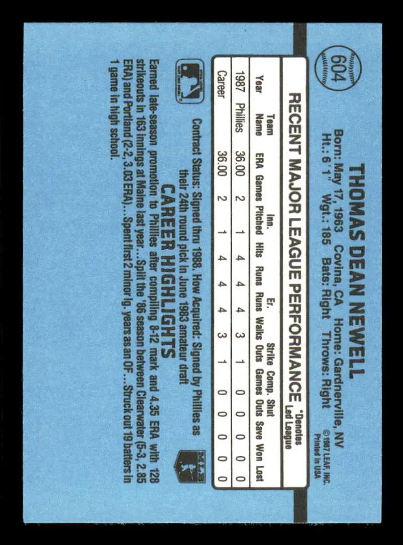 1988 Donruss #604 Tom Newell NM-MT RC Rookie Philadelphia Phillies Baseball Card - Baseball Card Single