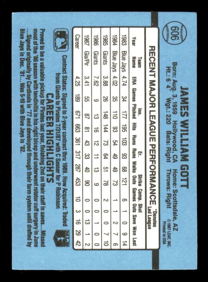 1988 Donruss #606 Jim Gott NM-MT Pittsburgh Pirates Baseball Card - Baseball Card Single