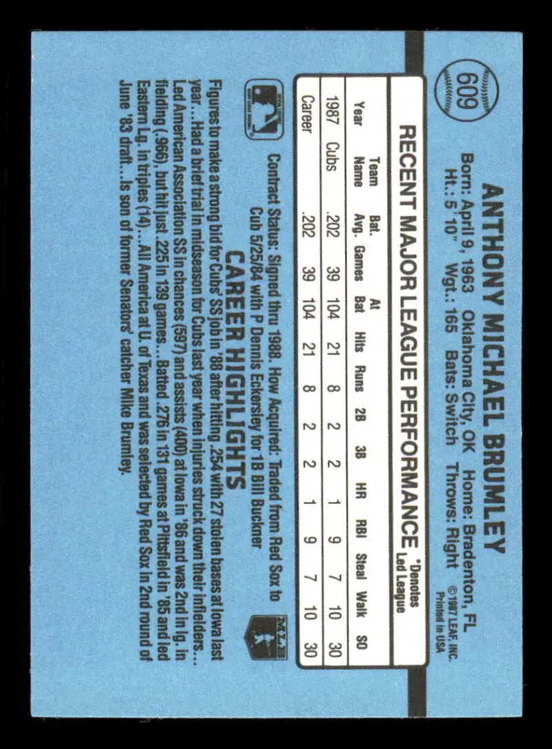 1988 Donruss #609 Mike Brumley NM-MT RC Rookie Chicago Cubs Baseball Card - Baseball Card Single