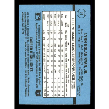 1988 Donruss #61 Nolan Ryan EX Houston Astros Baseball Card