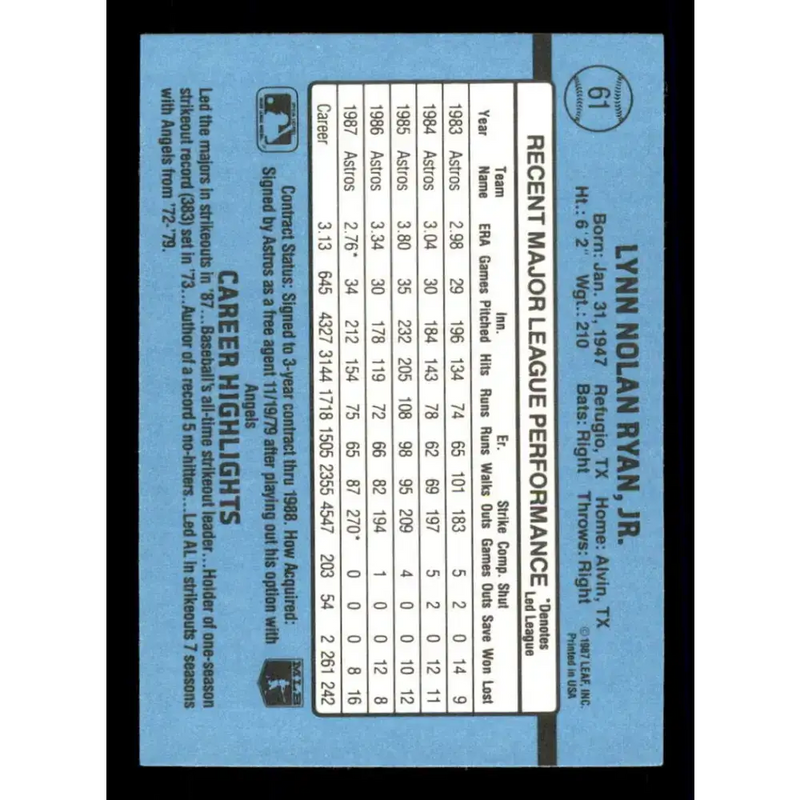 1988 Donruss #61 Nolan Ryan EX Houston Astros Baseball Card - Baseball Card Single