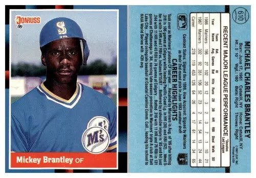 1988 Donruss #610 Mickey Brantley baseball card with original gloss featuring Mickey Brantley