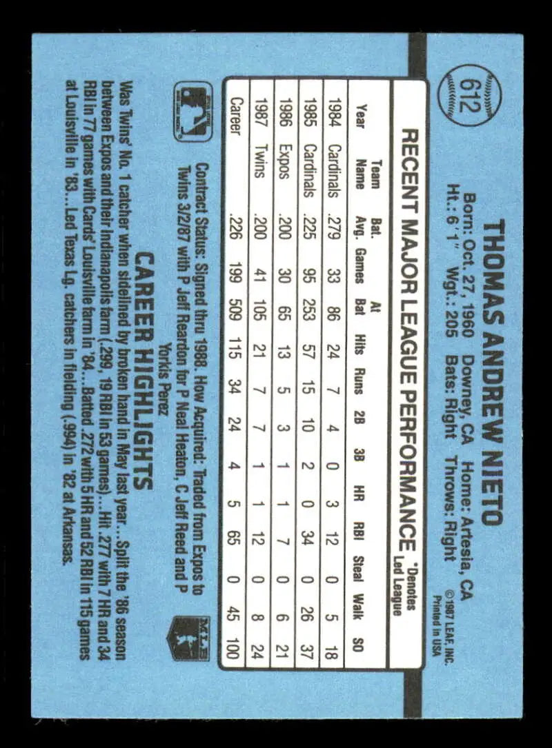 1988 Donruss #612 Tom Nieto NM-MT Minnesota Twins Baseball Card - Baseball Card Single