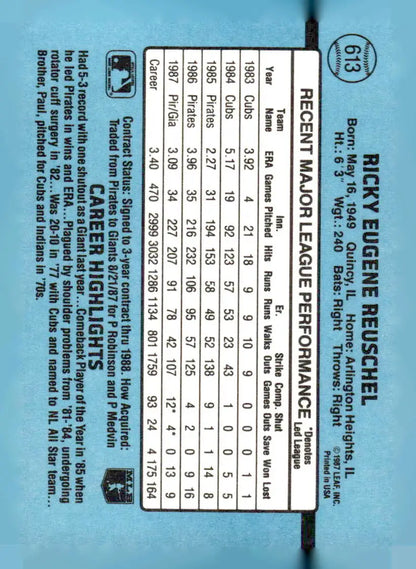 Blue 1988 Donruss Rick Reuschel baseball card with stats and biography featuring San Francisco Giants