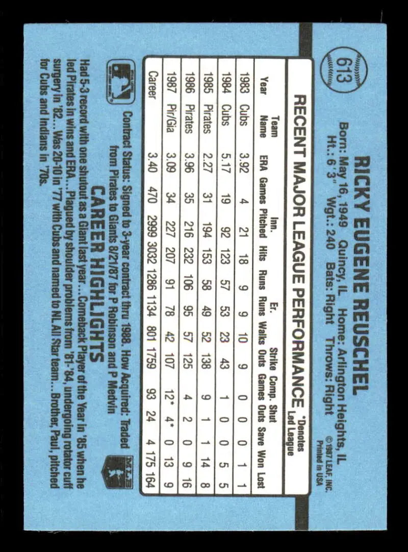 1988 Donruss #613 Rick Reuschel NM-MT San Francisco Giants Baseball Card - Baseball Card Single