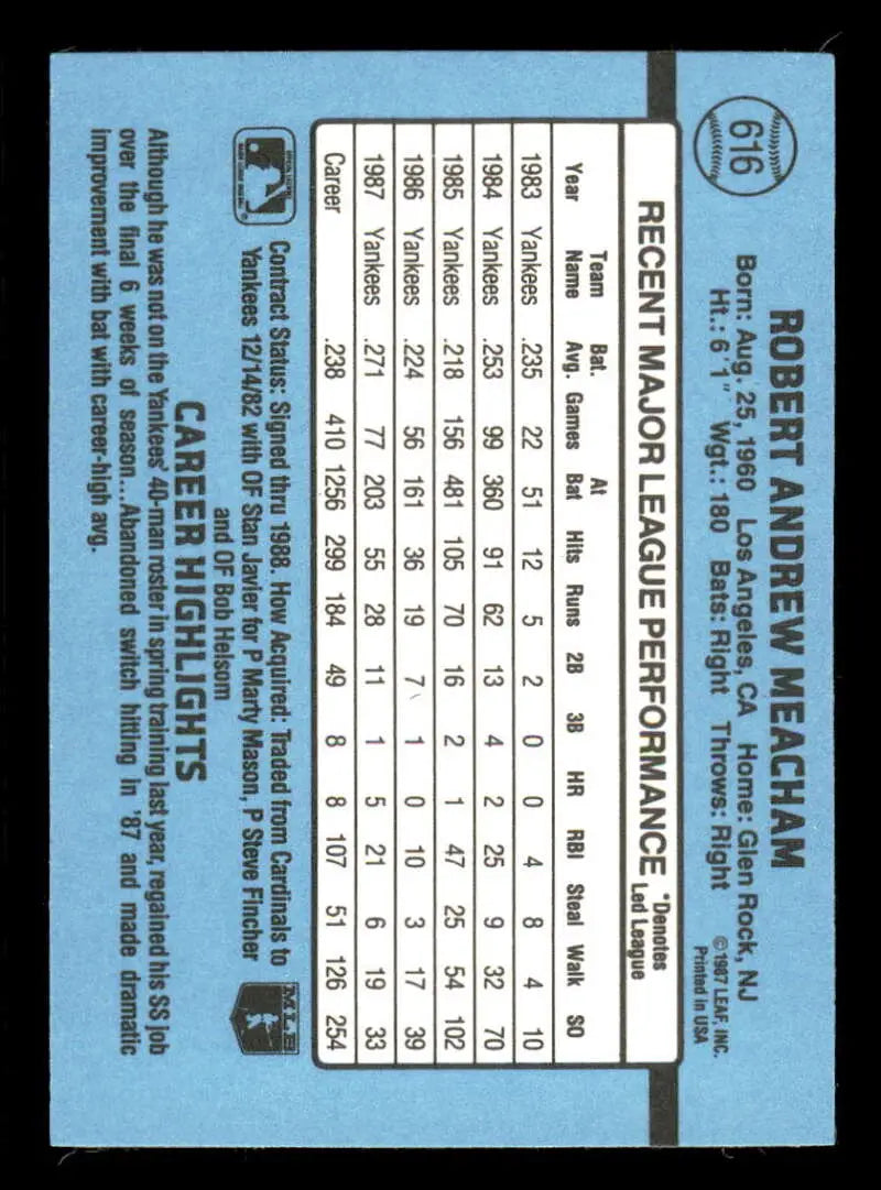 1988 Donruss #616 Bobby Meacham NM-MT New York Yankees Baseball Card - Baseball Card Single