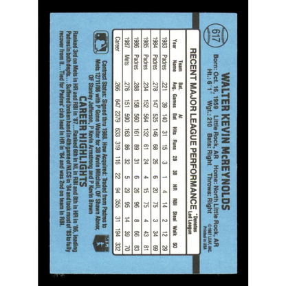 1988 Donruss #617 Kevin McReynolds EX SP New York Mets Baseball Card Image 2