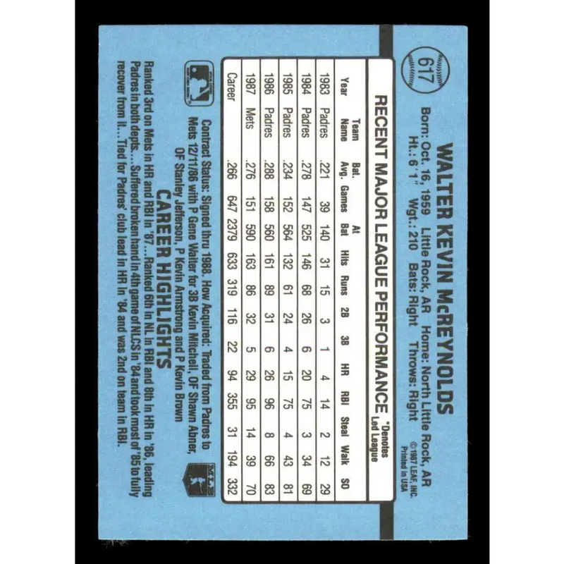 1988 Donruss #617 Kevin McReynolds EX SP New York Mets Baseball Card - Baseball Card Single