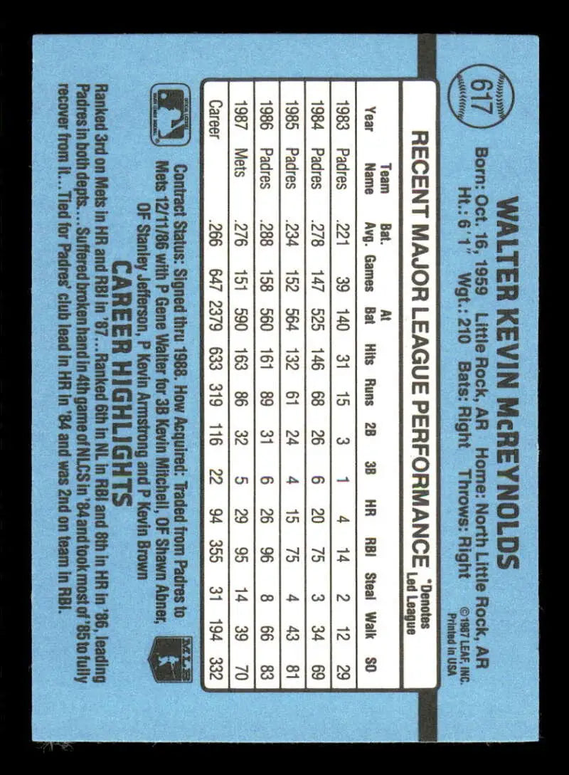 1988 Donruss #617 Kevin McReynolds NM-MT SP New York Mets Baseball Card - Baseball Card Single