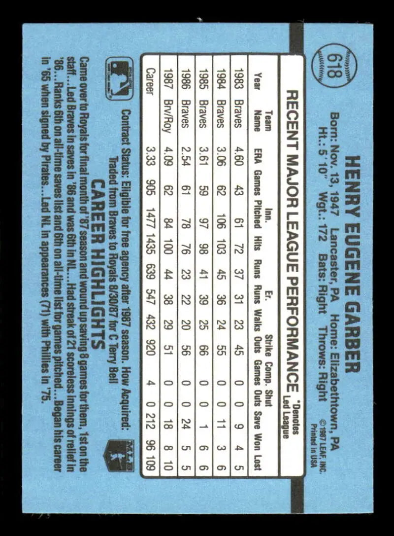 1988 Donruss #618 Gene Garber NM-MT Kansas City Royals Baseball Card - Baseball Card Single