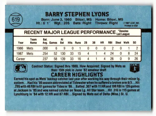 1988 Donruss #619 Barry Lyons EX/NM RC Rookie SP Mets ID:58520 - Baseball Card Single