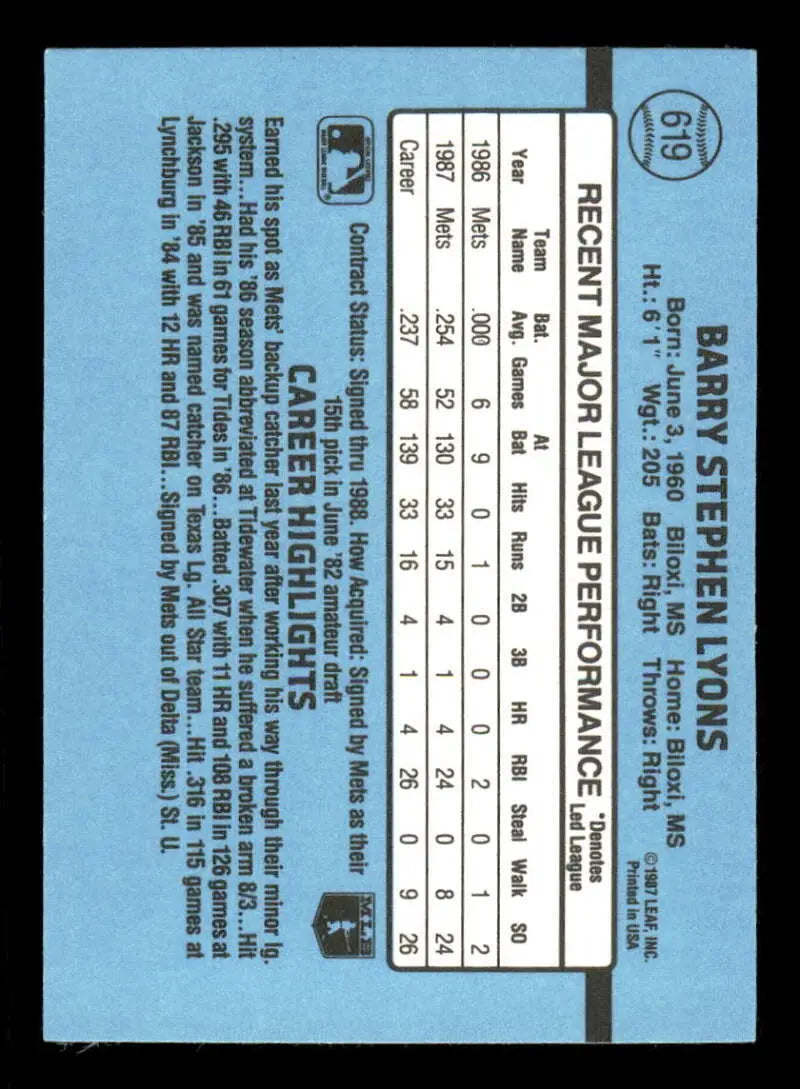 1988 Donruss #619 Barry Lyons NM-MT RC Rookie SP New York Mets Baseball Card - Baseball Card Single