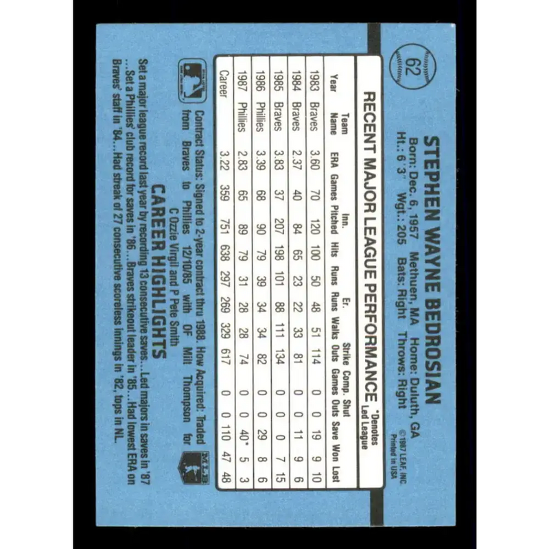 1988 Donruss #62 Steve Bedrosian EX Philadelphia Phillies Baseball Card - Baseball Card Single